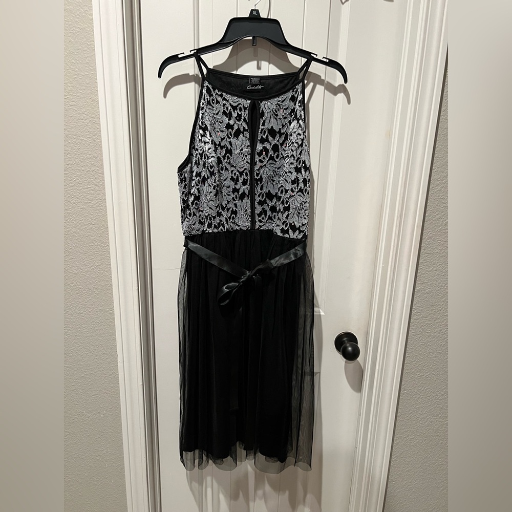 Black and silver Lace Dress with Sequin Detail and tulle skirt evening sz large